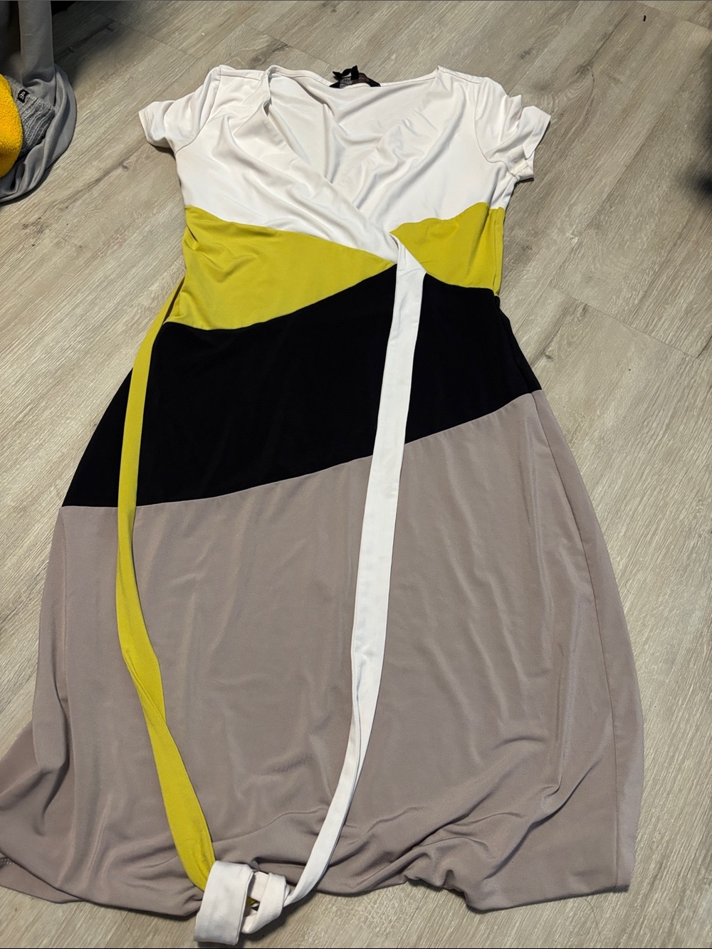 BCBGMaxAzria Colorblock Wrap Midi Dress in White, Yellow, Black & Taupe